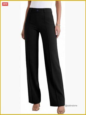 Stretchy High Waisted Wide Straight Leg Work Pants with Belt Loops